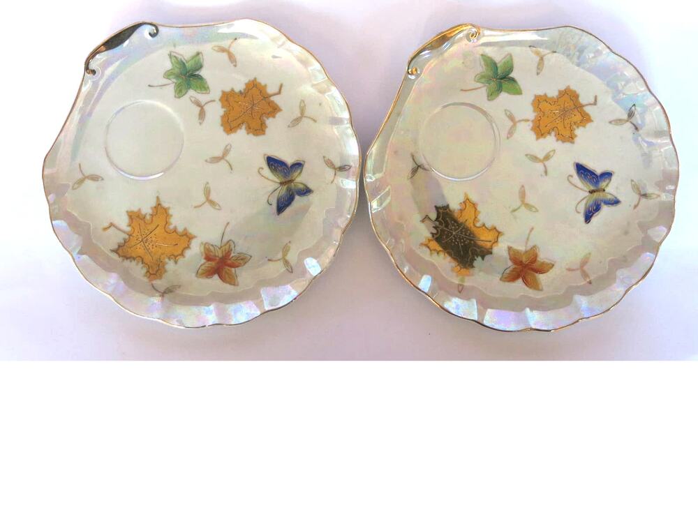 VINTAGE LIPPER MANN Set Tea Snack Plates Opalescent/Gold Butterflies Mid Century